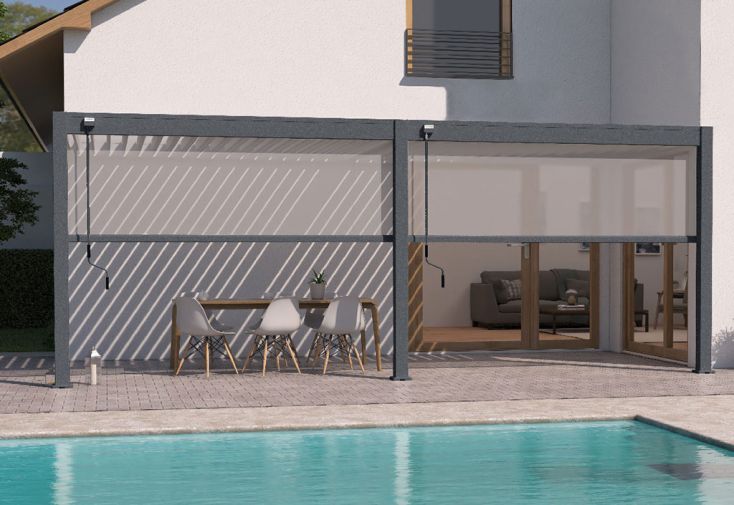 Pergola bioclimatique Ombréa en aluminium 3 x 6 m adossée + 2 stores 3 m