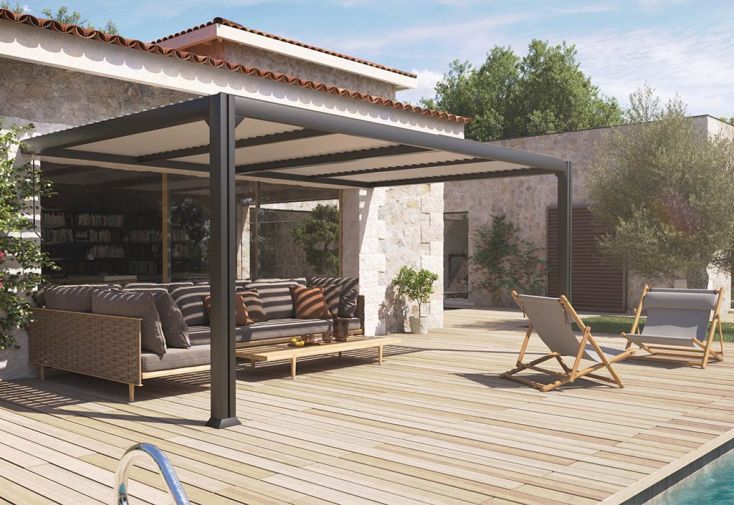 Pergola bioclimatique adossée aluminium anthracite Charlotte – 17,5 m²