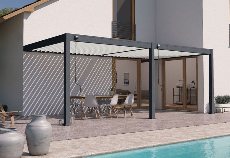 Pergola bioclimatique Ombréa en aluminium 3 x 6 m adossée - Anthracite