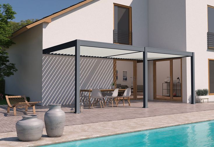 Pergola bioclimatique motorisée adossée en aluminium 3 x 6 m - Elmo