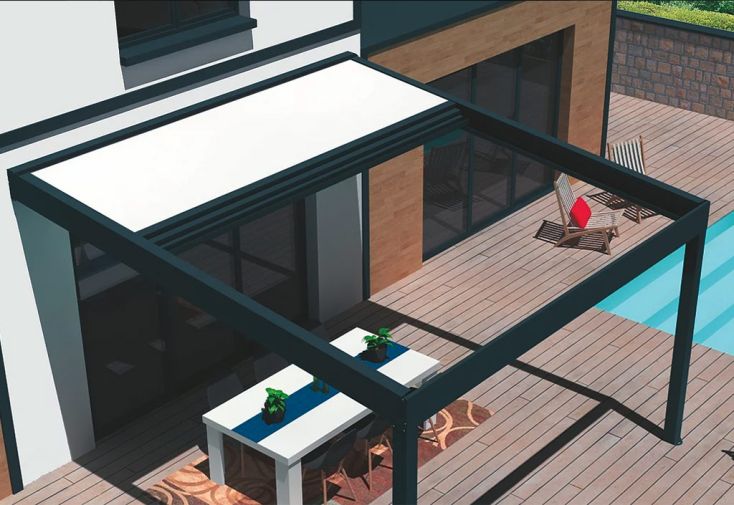 Pergola bioclimatique adossée toit rétractable motorisé – Poly-Top 3,69 m
