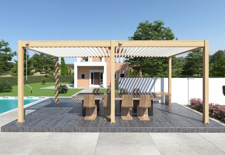 Pergola bioclimatique Ombréa en aluminium 3 x 6 m autoportée - imitation bois