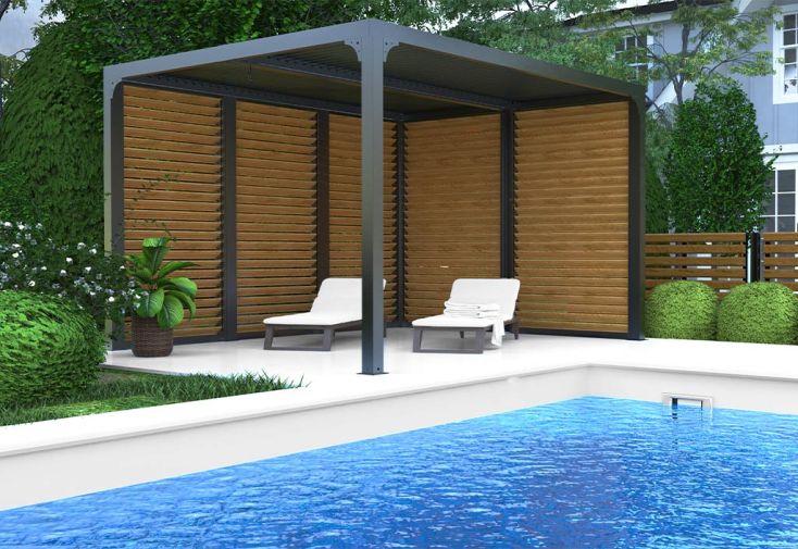 Pergola bioclimatique 10,8 m² parois orientables effet bois - 2 côtés