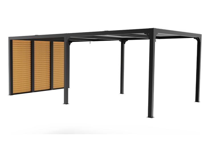 Pergola bioclimatique 21,5 m² paroi orientable effet bois - 1 côté 3,60m