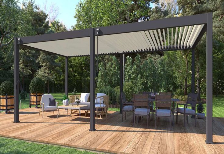 Pergola bioclimatique en aluminium anthracite 32 m² + store 4 m