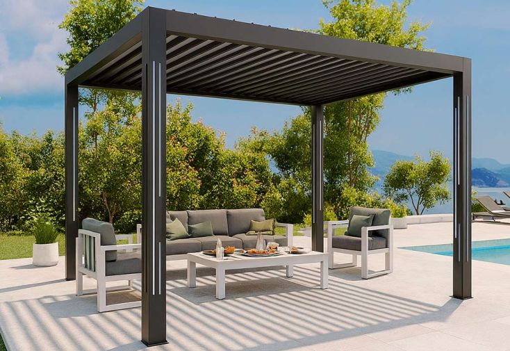 Pergola bioclimatique 4x3 m aluminium 4 poteaux solaires – Lignes