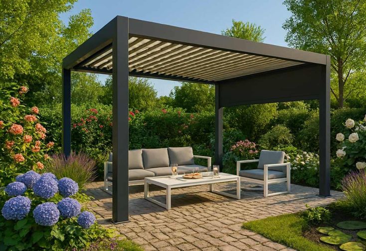 Pergola bioclimatique 4x3 m motorisée + store latéral 3 m
