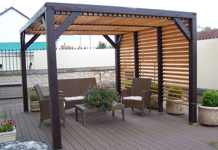 Pergola bioclimatique bois autoportée 10,6 m² - Toiture + façade