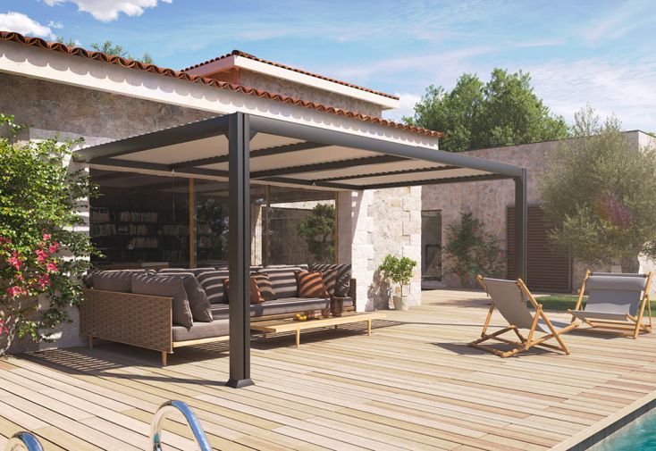 Pergola bioclimatique adossée aluminium anthracite Charlotte – 17,5 m²
