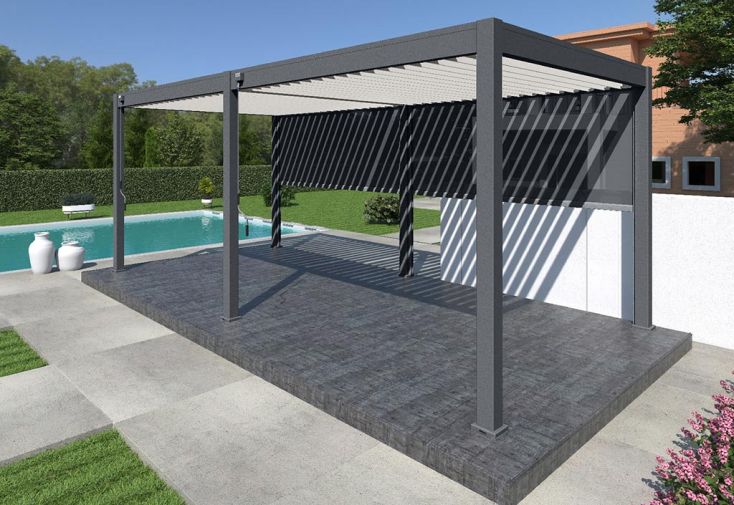 Pergola bioclimatique Ombréa aluminium 3 x 6 m autoportée + 2 stores 3 m