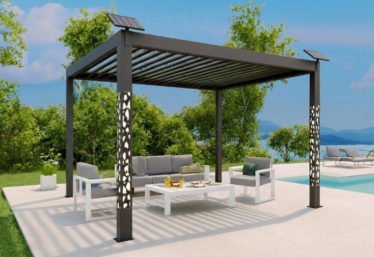 Pergola bioclimatique 4x3 m aluminium 2 poteaux solaires – Moucharabieh