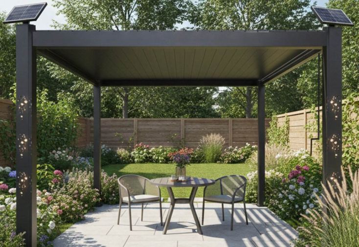 Pergola bioclimatique 4x3 m aluminium 2 poteaux solaires - Bulles