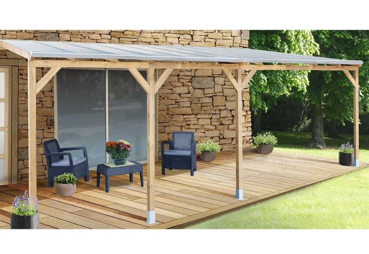 Pergola bois adossée couverte 3x7 m toiture polycarbonate 6 mm