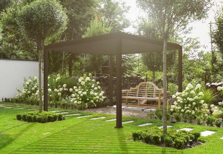 Pergola bioclimatique aluminium autoportée 12,9 m² + store 3,6 m