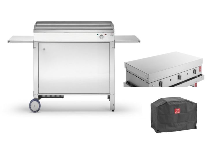 Plancha électrique 3120 W en inox avec couvercle amovible + chariot fermé et housse de protection