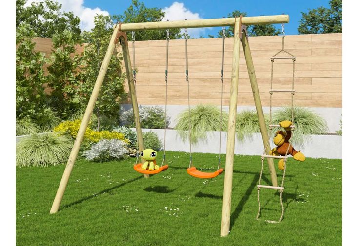 Portique 2 balançoires en bois traité + échelle de corde – Tiridou