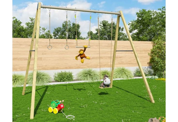 Portique en bois traité balançoire, trapèze et anneaux – Skyler