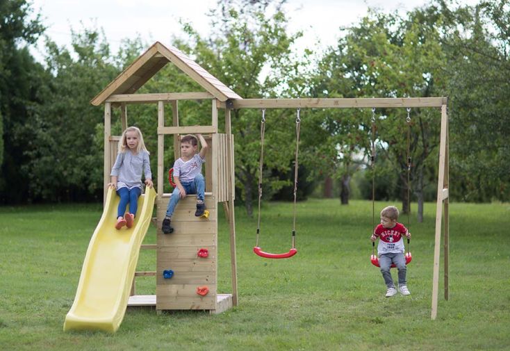 Aire de jeux en bois non traité portique 2 balançoires et toboggan Pinguin