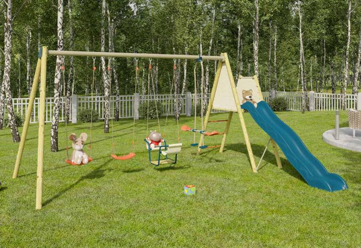 Balançoire toboggan bois et métal face-à-face + nacelle Marcy