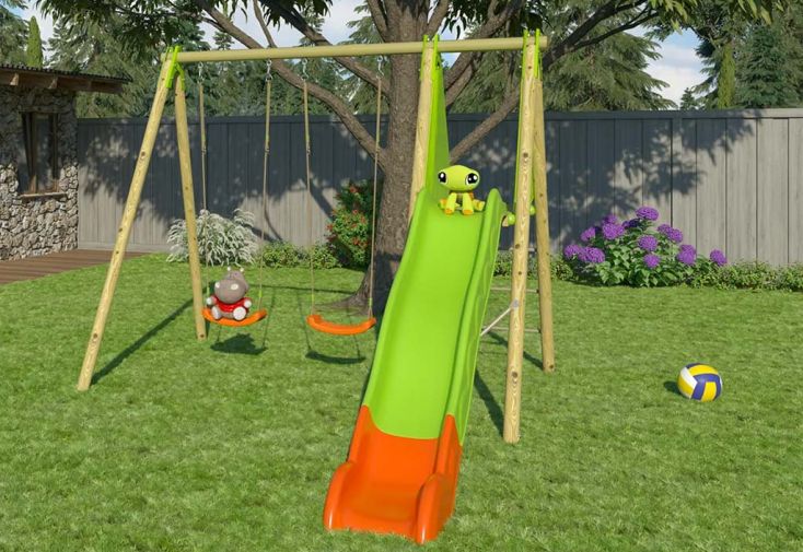 Portique 2 balançoires en bois traité + toboggan – Arroba