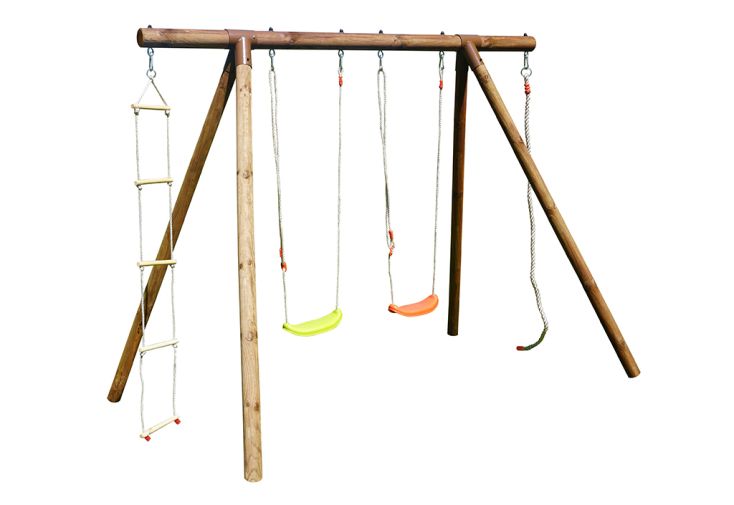 Portique en bois 4 enfants 2 balançoires 1 échelle 1 corde - Ernest