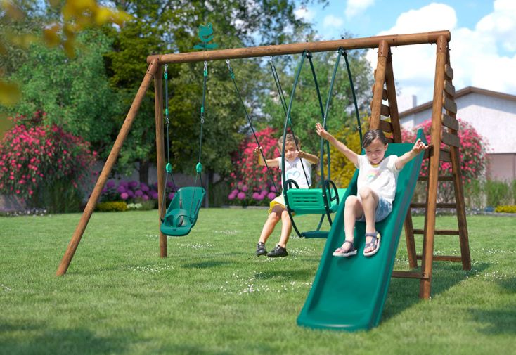Portique toboggan bois Soulet : balancelle, balançoire, siège bébé – Colza