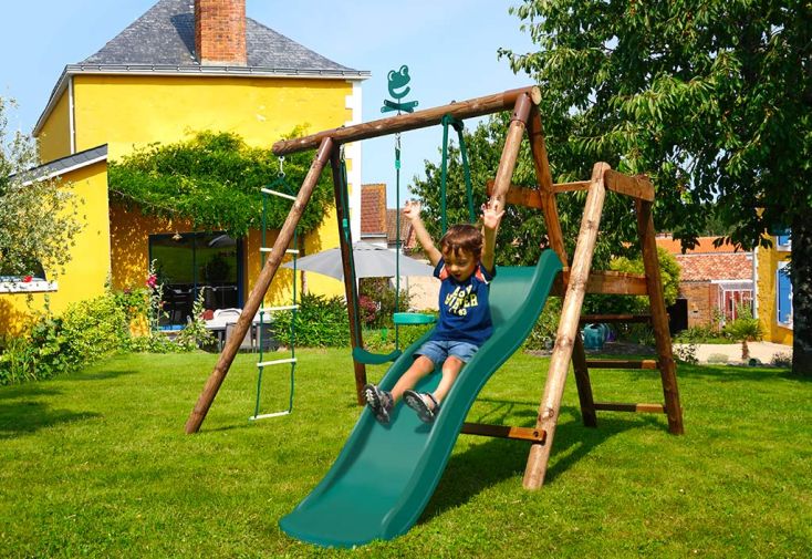 Portique toboggan bois Soulet + balançoire, vis-à-vis, échelle – Mûrier