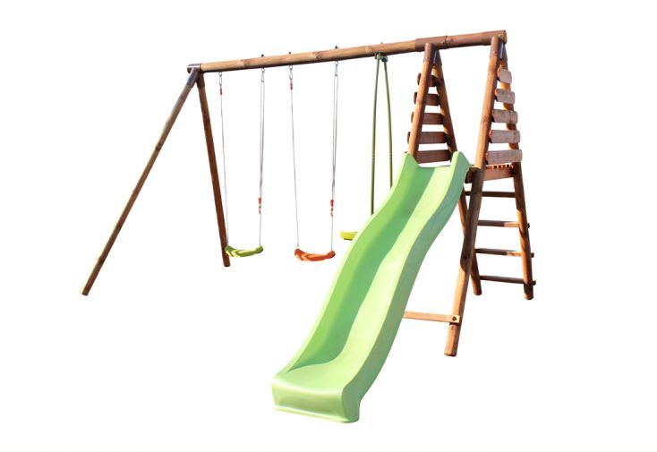 Portique en bois traité 5 enfants avec toboggan + 3 agrès  – Violette