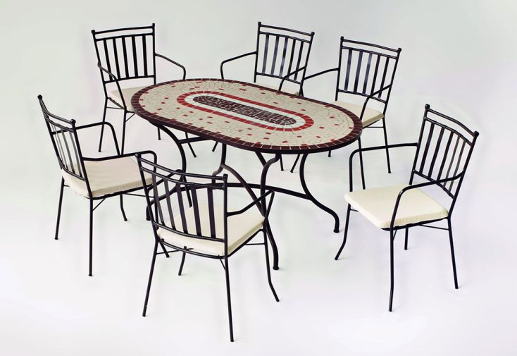 Salon de jardin en acier avec plateau en mosaïque – 6 fauteuils