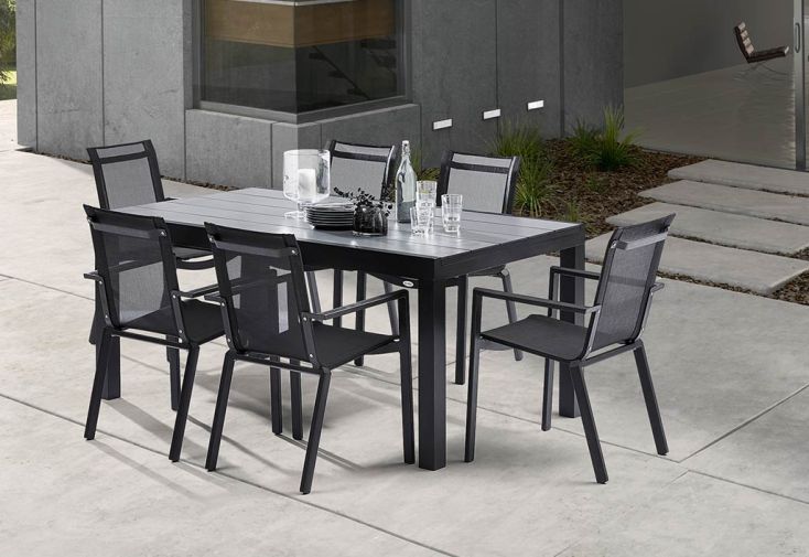 Salon de Jardin HPL Star Noir : Table Extensible Alu + 6 Fauteuils 