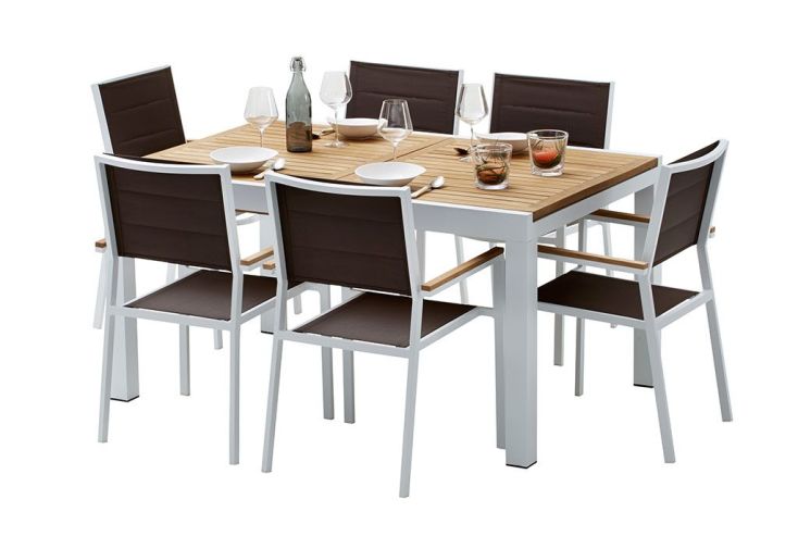 Salon de Jardin Bali : Table Extensible en Alu et Teck + 6 Fauteuils 