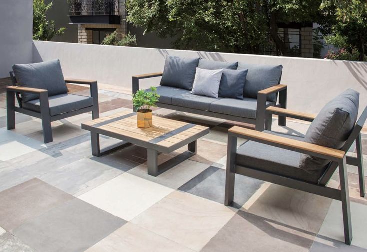 Salon de jardin 6 places gris anthracite acier et bois - POLY