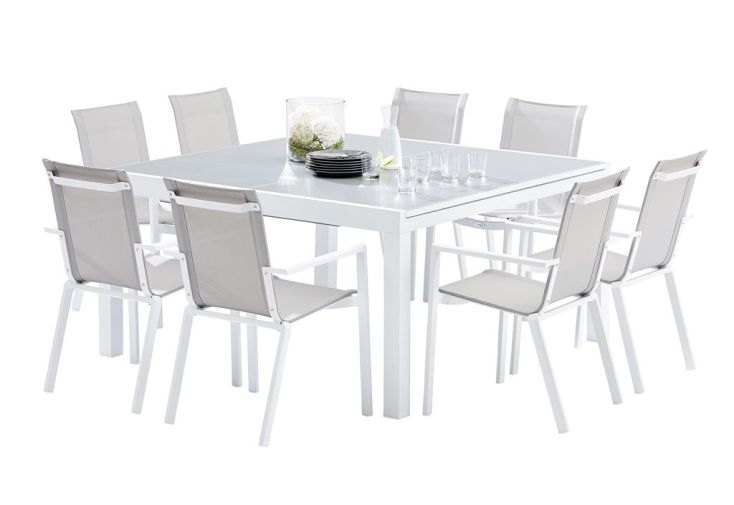 Salon de Jardin Carré WhiteStar : Table Extensible + 8 Fauteuils