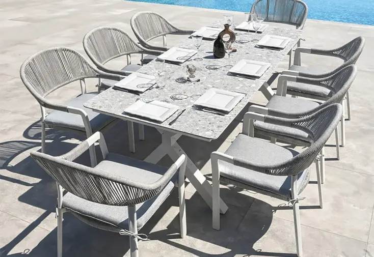 Salon de jardin aluminium blanc : table 220 cm + 8 fauteuils - Abella