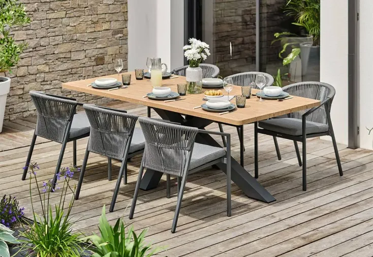 Salon de jardin aluminium anthracite : table 220 cm + 6 fauteuils - Kelia