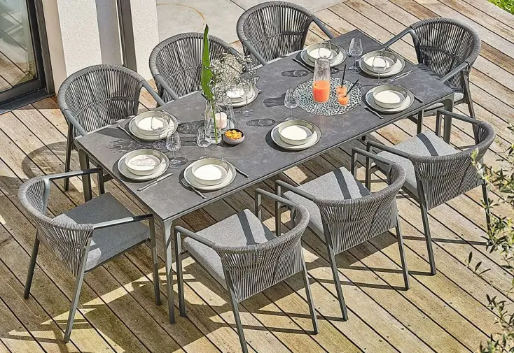 Salon de jardin aluminium anthracite : table 200 cm + 8 fauteuils - Tigua