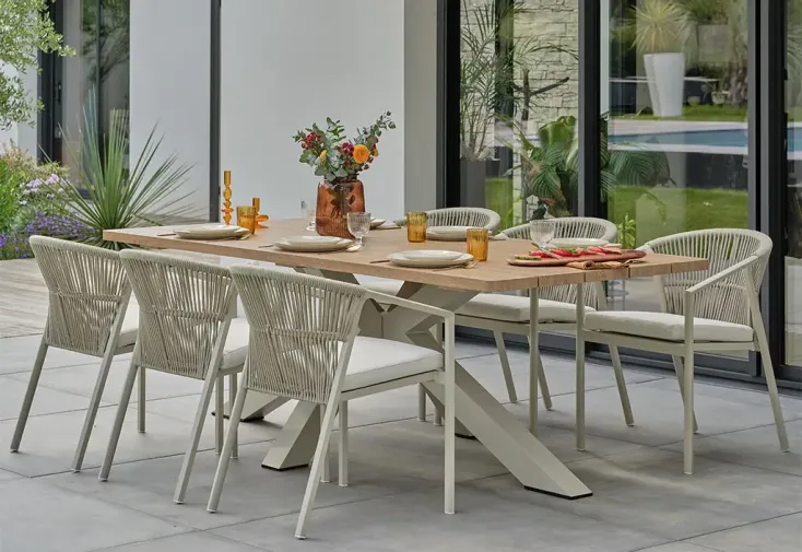 Salon de jardin aluminium grège : table 220 cm + 6 fauteuils - Kelia