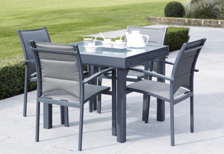 Salon de Jardin Modulo : Table Extensible + 4 Fauteuils Gris