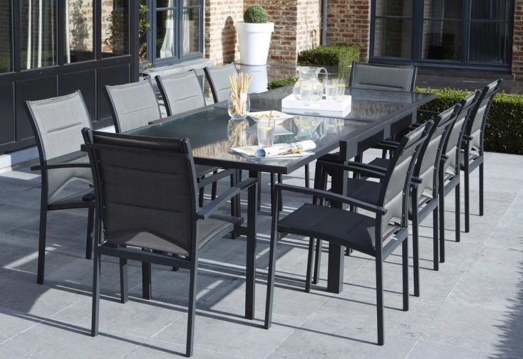 Salon de Jardin Modulo : Table Extensible + 10 Fauteuils Gris