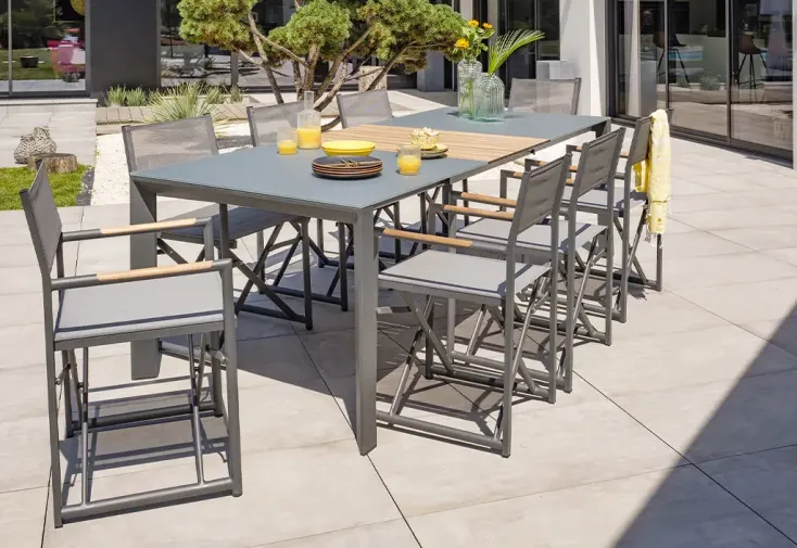 Salon de jardin aluminium 180/250 cm + 8 fauteuils pliables - Honfleur