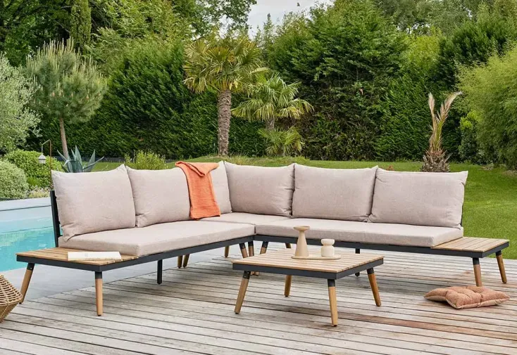 Salon de jardin d’angle 5 places en acier et bois d’acacia – Camino