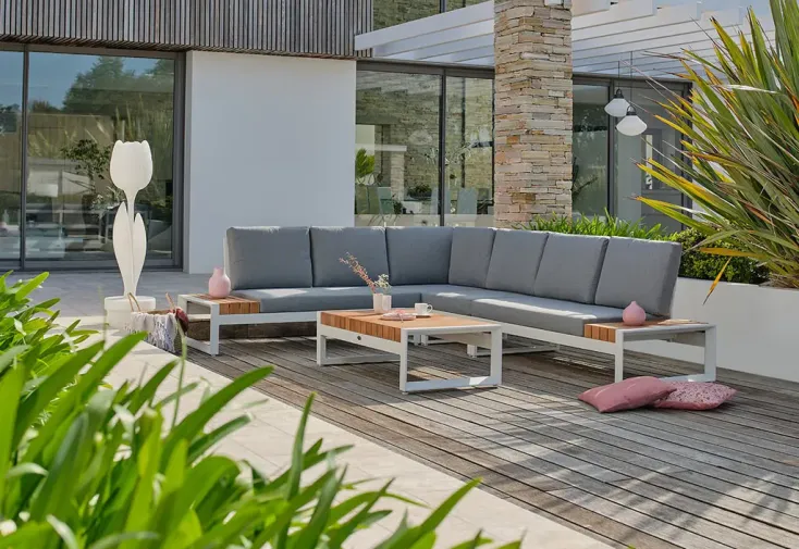 Salon de jardin d'angle 6 places aluminium blanc et teck - Valancia
