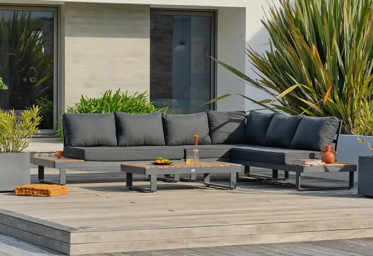 Salon de jardin d'angle 6 places aluminium anthracite et teck - Alicante