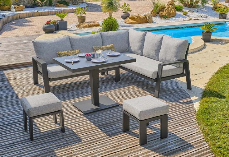 Salon de jardin bas en aluminium avec table ajustable - Ibiza 7 places