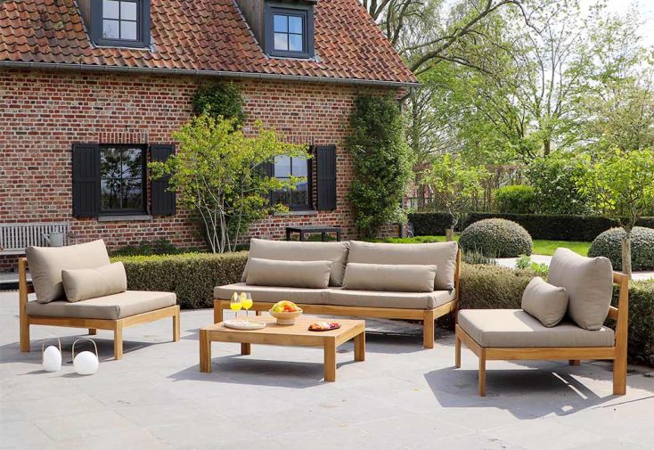 Salon de jardin en teck avec coussins taupes 4 places - Touquet