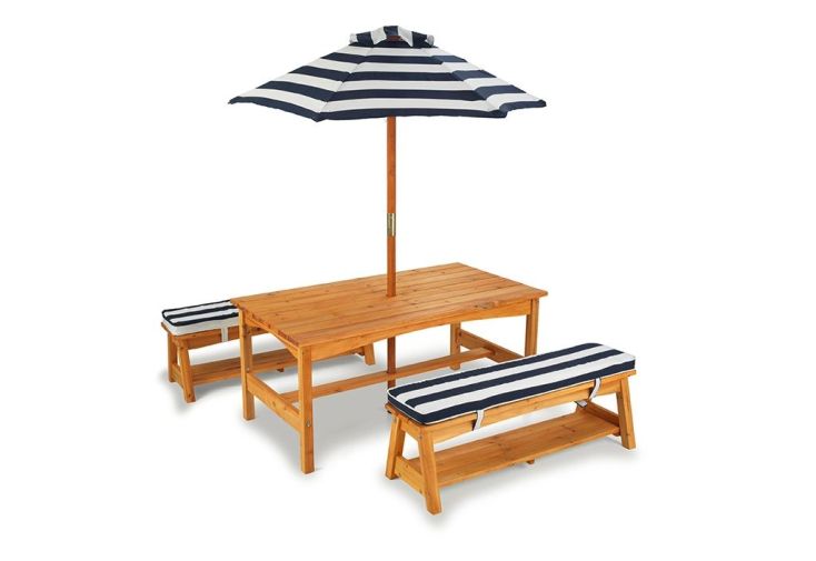 Salon de Jardin Bois pour Enfants : Table, Bancs, Parasol Bleu Marine