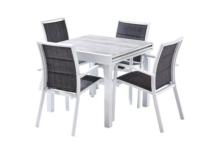 Salon de Jardin Aluminium : Table Extensible 90/180 cm + 4 Fauteuils