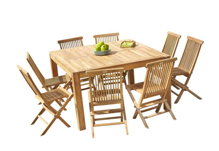 Salon de jardin en bois de teck – 1 table carrée 140 cm et 8 chaises