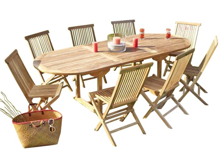 Salon de jardin en bois de teck – 1 table ovale 240 cm et 8 chaises