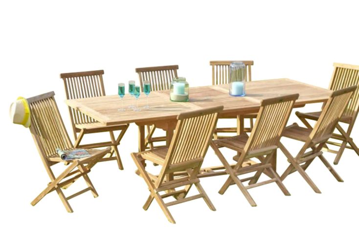 Salon de jardin en teck – 1 table rectangulaire 240 cm et 8 chaises